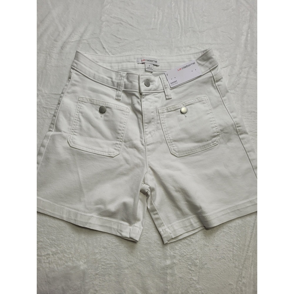 NWT Liz Claiborne Shorts Women 2 White High Rise Denim Patch Pocket Stretch